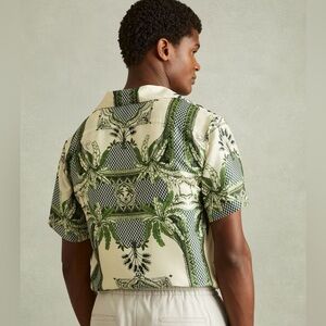 Reiss Lulu Bright Green Relaxed Palm Print Cuban Collar Shirt